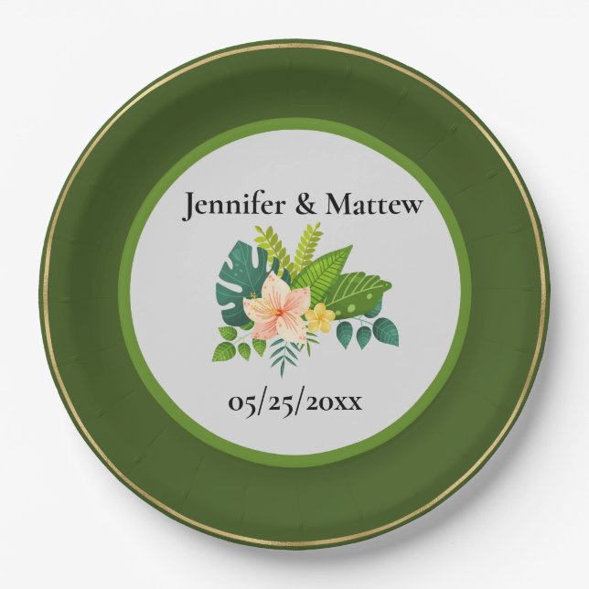 Plato De Papel Placa de papel de matrimonio personalizado verde y (Anverso)