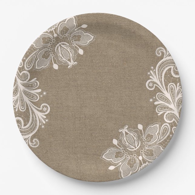 Plato De Papel Placa de papel de Moda Shabby Chic Burlap y Lace (Anverso)