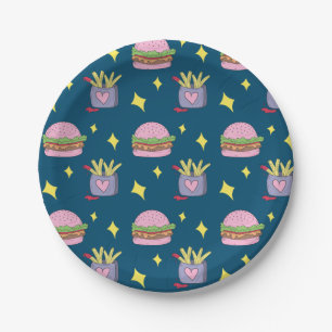 Plato De Papel Placa de papel de patrón de hamburguesa rosa y fr