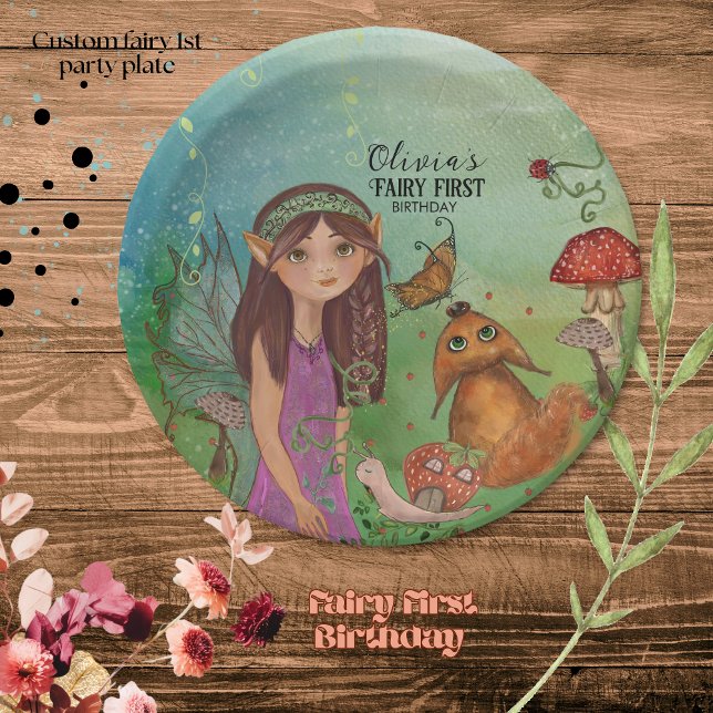 Plato De Papel Placa de papel de primer cumpleaños encantada de h (Enchanted Forest Fairy First Birthday Paper Plate)