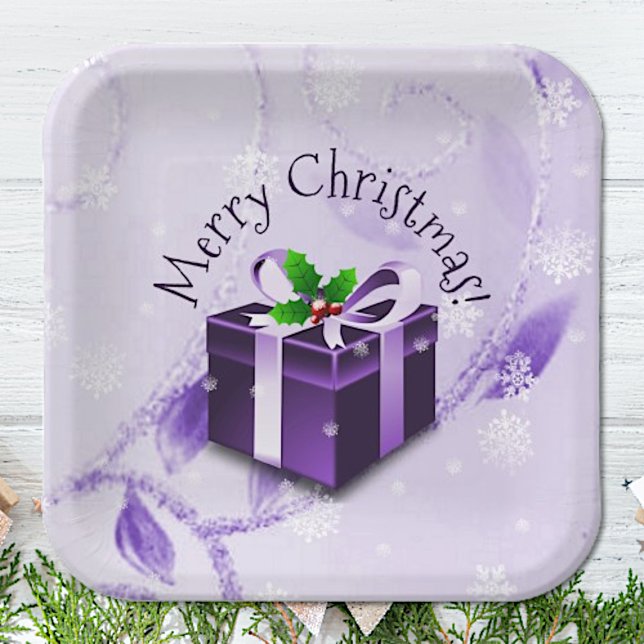 Plato De Papel Placa de papel de regalo para Navidades morados (Purple Christmas Gift Paper Plates)