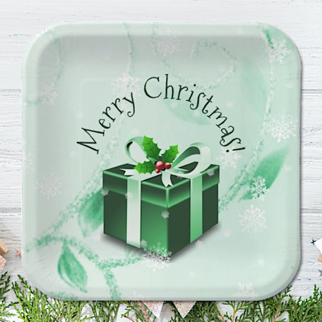 Plato De Papel Placa de papel de regalo para Navidades verdes (Green Christmas Gift Paper Plates)