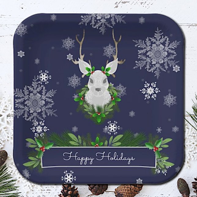 Plato De Papel Placa de papel de reno azul (Blue Reindeer Christmas Paper Plates)