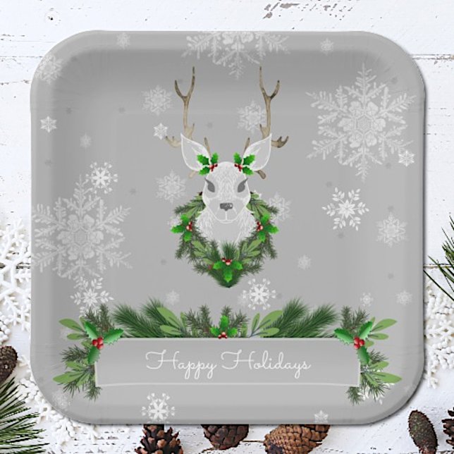 Plato De Papel Placa de papel de reno gris (Gray Reindeer Christmas Paper Plates)