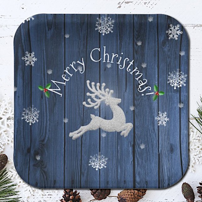 Plato De Papel Placa de papel de reno para Navidades Rústicos Azu (Blue Rustic Christmas Reindeer Paper Plates)