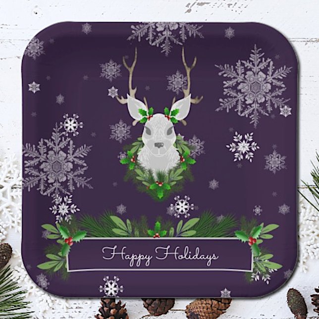 Plato De Papel Placa de papel de reno púrpura (Purple Reindeer Christmas Paper Plates)