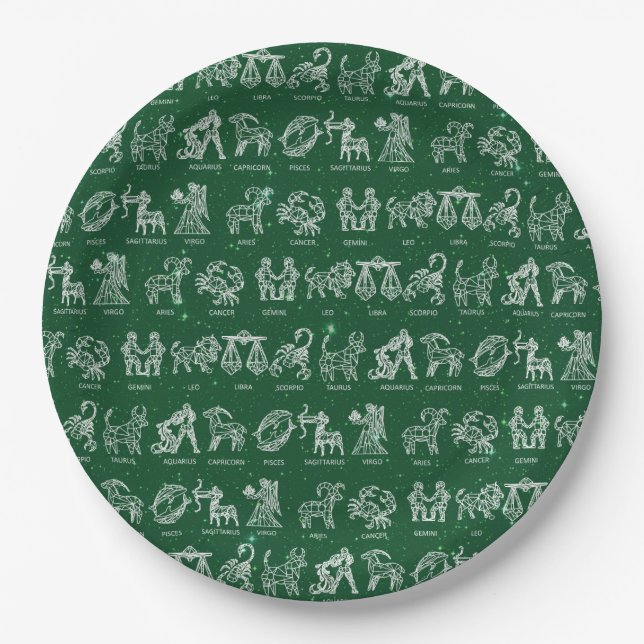 Plato De Papel Placa de papel de Rótulo zodiaco (verde) (Anverso)