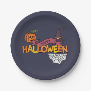 Plato De Papel Placa de papel de saludo Blue Happy Halloween