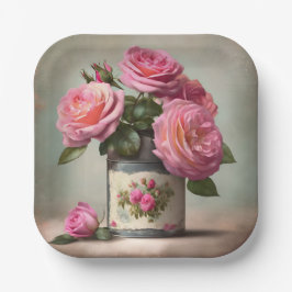 Plato De Papel Placa de papel de Shabby Chic Pink Roses Square