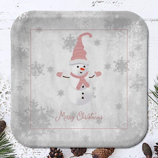 Plato De Papel Placa de papel de Snowman rosado (Pink Cute Snowman Christmas Paper Plates)