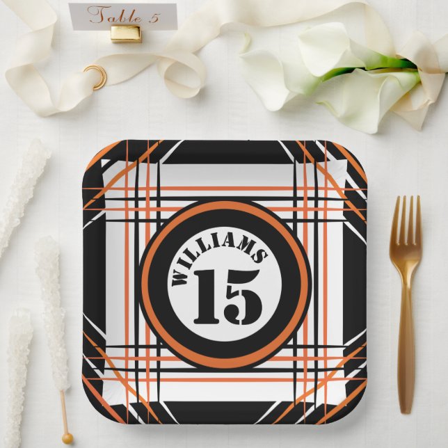 Plato De Papel Placa de papel de tema de deportes naranja y negro (Boda)