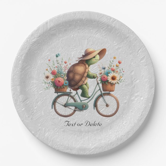 Plato De Papel Placa de papel de tortuga de bicicleta floral (Anverso)