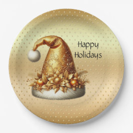 Plato De Papel Placa de papel de vacaciones Gold Santa Hat