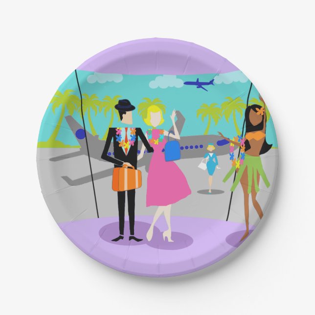 Plato De Papel Placa de papel de vacaciones tropical retro (Anverso)