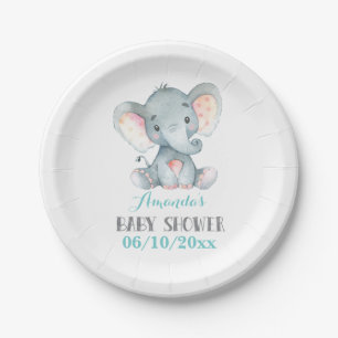 Plato De Papel Placa de papel elefante Baby Shower Aqua