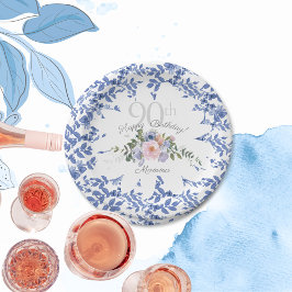 Plato De Papel Placa de papel feliz cumpleaños de Blue White Flor