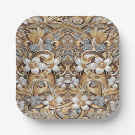 Plato De Papel Placa de papel floral blanco dorado decorativa