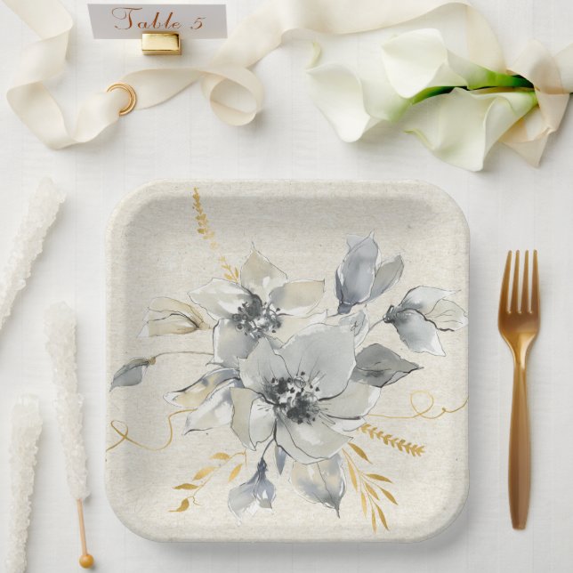 Plato De Papel Placa de papel floral gris bohemio (Boda)