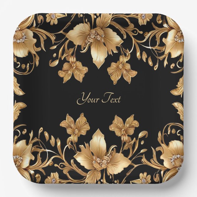 Plato De Papel Placa de papel floral Ornate dorado negro (Anverso)