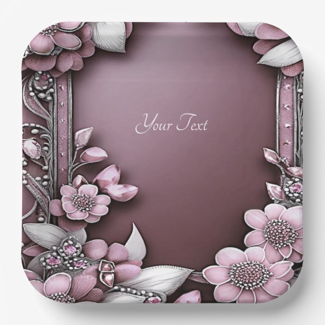 Plato De Papel Placa de papel floral rosa (Anverso)