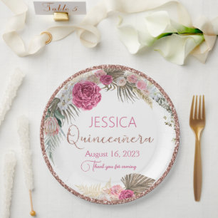 Plato De Papel Placa de papel floral Rosa Quinceanera Gold Purpur