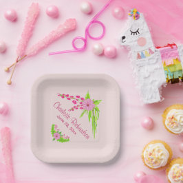 Plato De Papel Placa de papel floral rosa y verde nostálgico