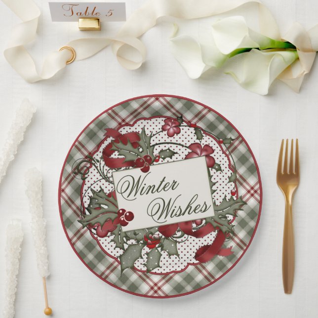 Plato De Papel Placa de papel Holly-WINTER-WISHES (Boda)