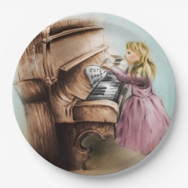 Plato De Papel Placa de papel ilustrada de color - Chica de piano
