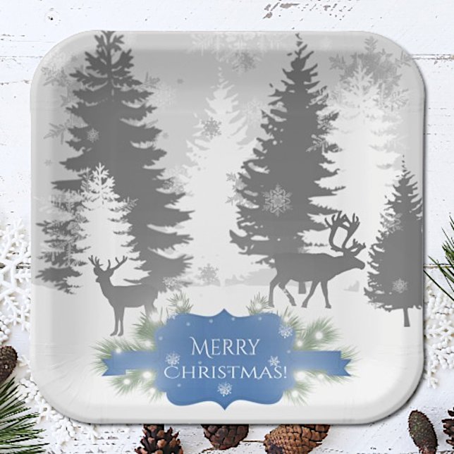 Plato De Papel Placa de papel invernal de maravilla - Azul (Blue Winter Wonderland Christmas Paper Plates)