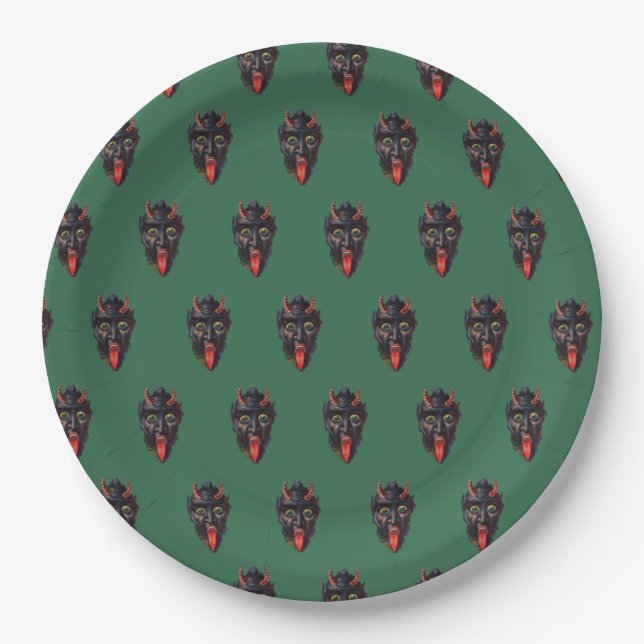 Plato De Papel Placa de papel Krampus de 9" en verde (Anverso)