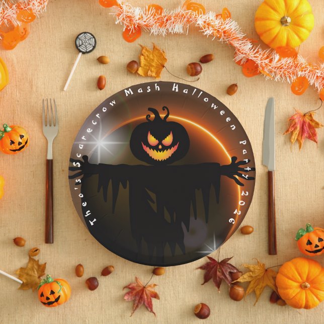 Plato De Papel Placa de papel Mash Halloween para niños con espan (Scarecrow Mash Halloween Party Paper Plate)