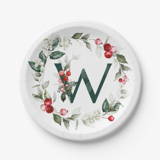 Plato De Papel Placa de papel Monograma W de invierno Berries (Anverso)