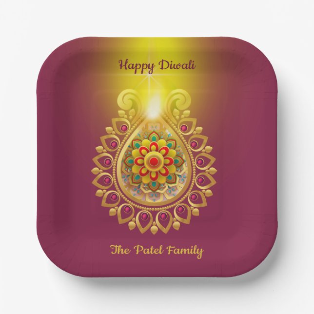 Plato De Papel Placa de papel morado feliz Diwali (Anverso)
