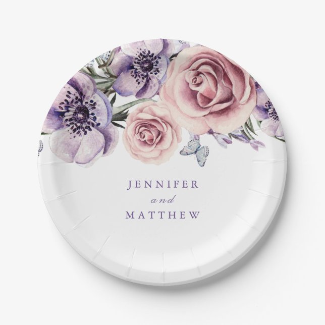 Plato De Papel Placa de papel morado floral (Anverso)