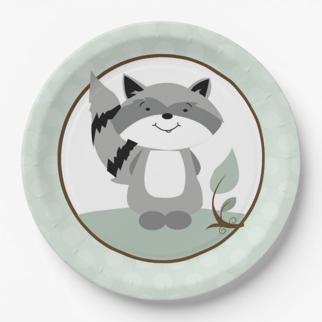 Plato De Papel Placa de papel natural Raccoon Woodland | Verde (Anverso)