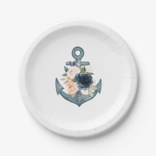 Plato De Papel Placa de papel náutica con ancla floral