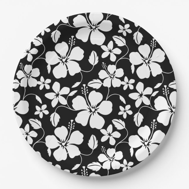 PLATO DE PAPEL PLACA DE PAPEL NEGRO HAWAIIAN HULA (HIBISCUS) (Anverso)