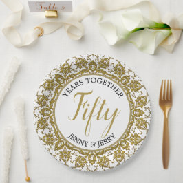 Plato De Papel Placa de papel para el aniversario dorado y blanco