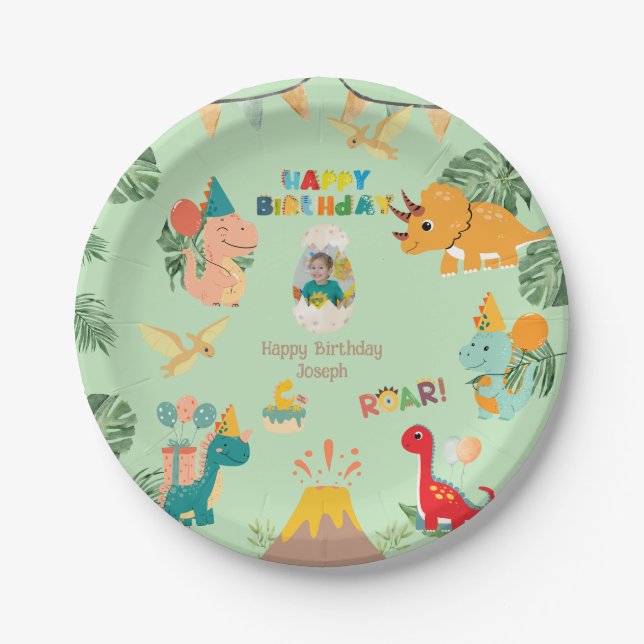 Plato De Papel Placa de papel para el cumpleaños de Dinosaur - Fo (Anverso)