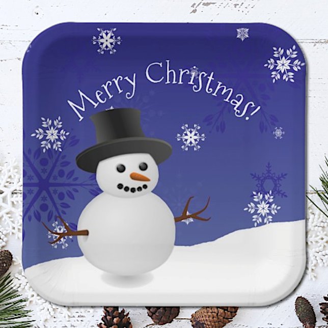 Plato De Papel Placa de papel para Navidades de invierno de invie (Blue Snowman Winter Scenery Christmas Paper Plates)