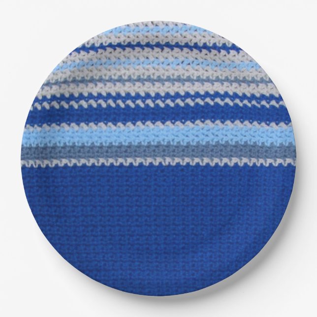 Plato De Papel Placa de papel - Patrón de crochet en franjas azul (Anverso)