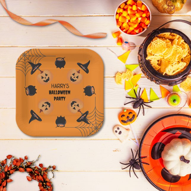 Plato De Papel Placa de papel personalizada para Naranjas y negro (Halloween Black & Orange Personalised Paper Plates.)