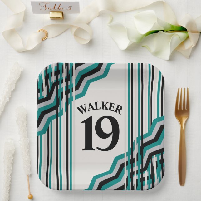 Plato De Papel Placa de papel personalizada verde azulada y negra (Boda)