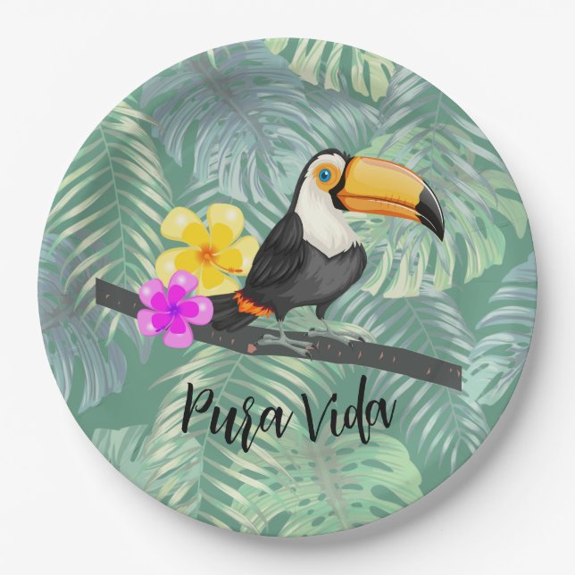 Plato De Papel Placa de papel Pura Vida Tropical Toucan (Anverso)