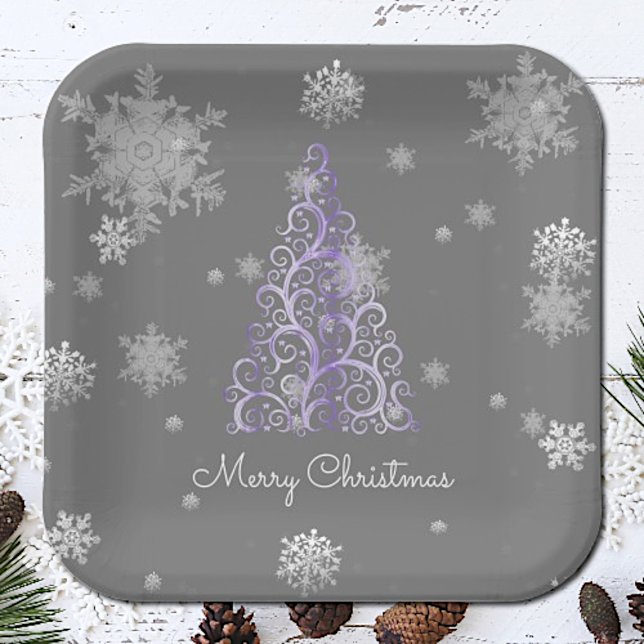 Plato De Papel Placa de papel Purple Christmas Tree y Snowflakes (Purple Christmas Tree and Snowflakes Paper Plates)
