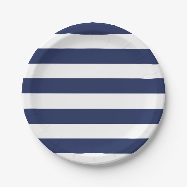 Plato De Papel Placa de papel rayada azul y blanca náutica (Anverso)