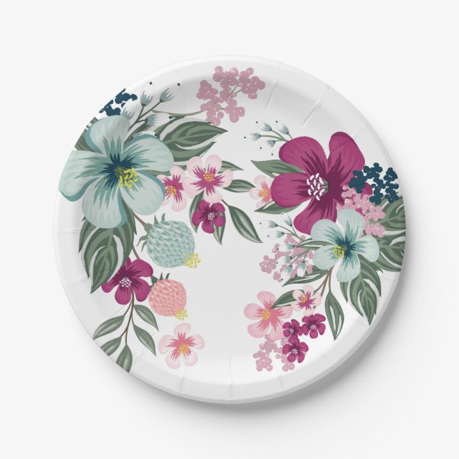 Plato De Papel Placa de papel redonda de 7" Flor tropical en blan (Anverso)