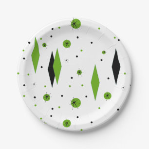 Plato De Papel Placa de papel Retro Green Diamantes & Starbursts