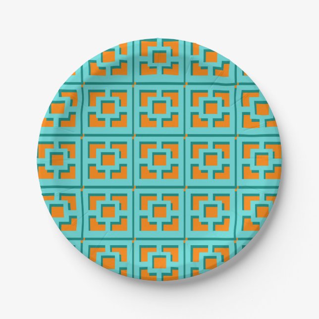 Plato De Papel Placa de papel retro turquesa y Naranja Trellis (Anverso)