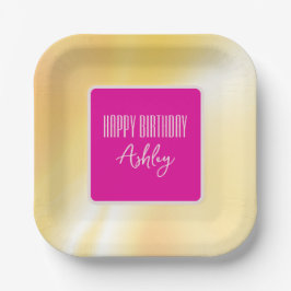 Plato De Papel Placa de papel rosa y amarillo "Feliz cumpleaños"